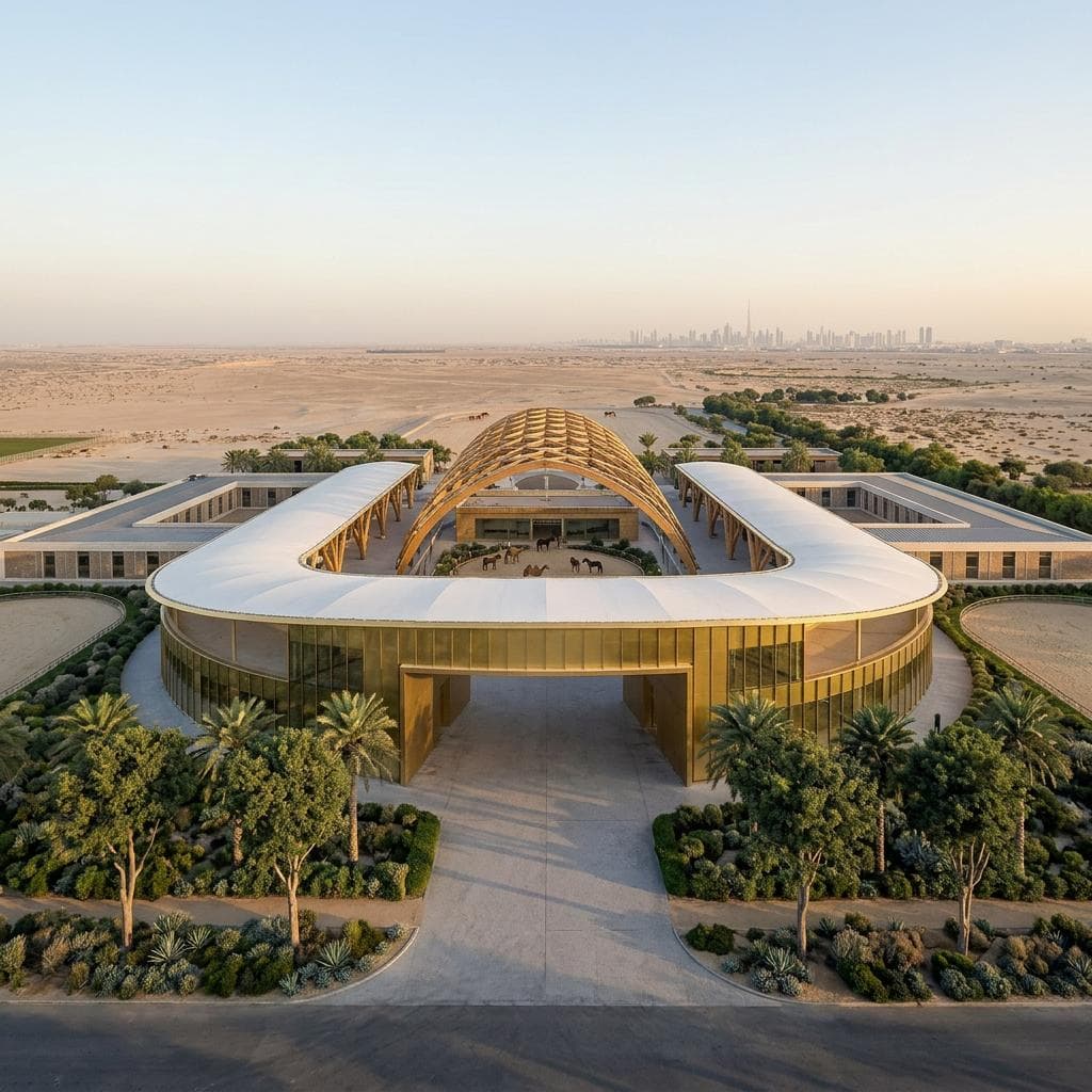 Aerial view of the Equestrian Centre of Excellence - a sweeping U-shaped structure with golden lattice roof set against the Dubai skyline