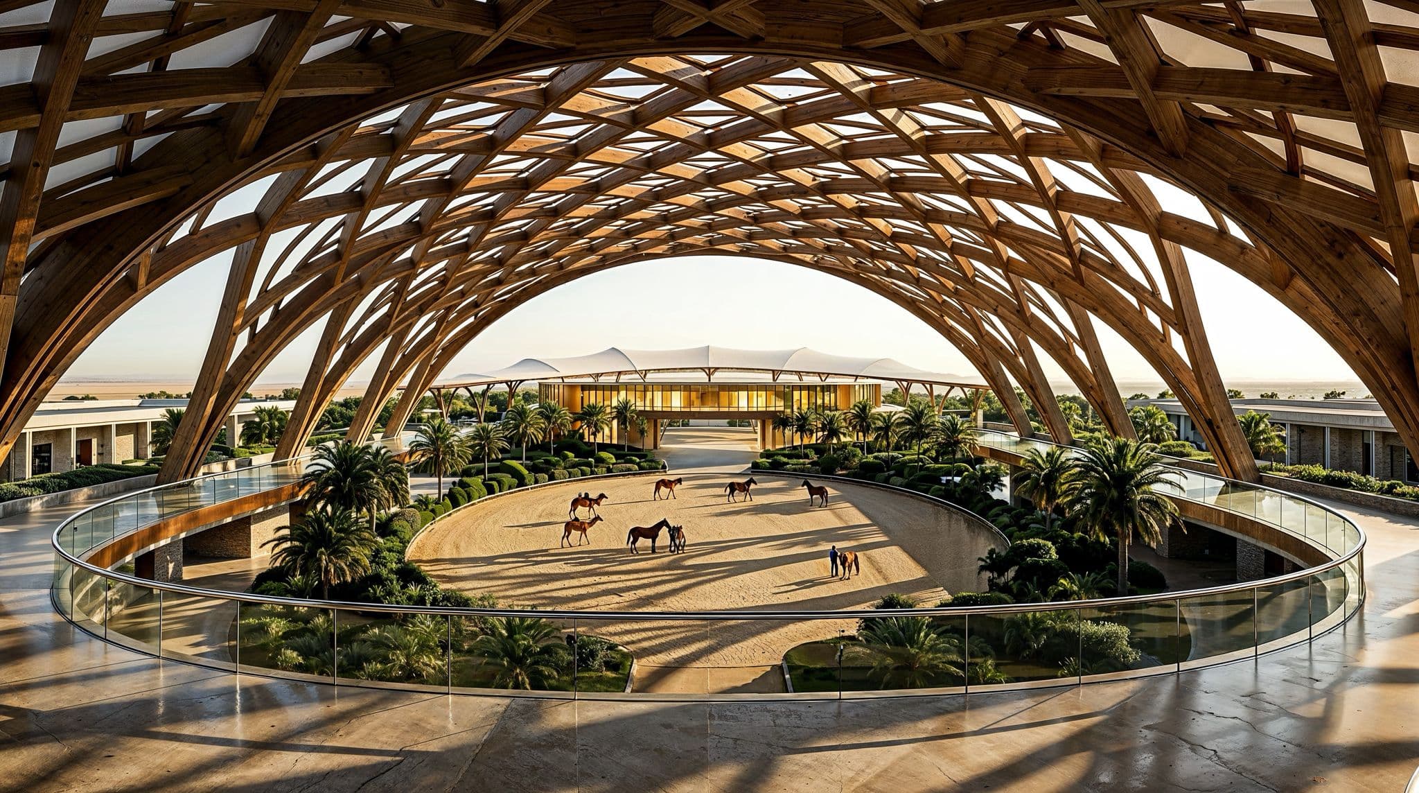 Interior of a world-class equestrian arena - a soaring wooden lattice roof arching over a training yard with horses
