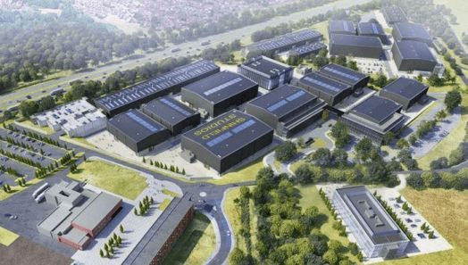 Aerial CGI of Shinfield Studios - a large-scale film and TV studio campus at Thames Valley Science Park, Berkshire